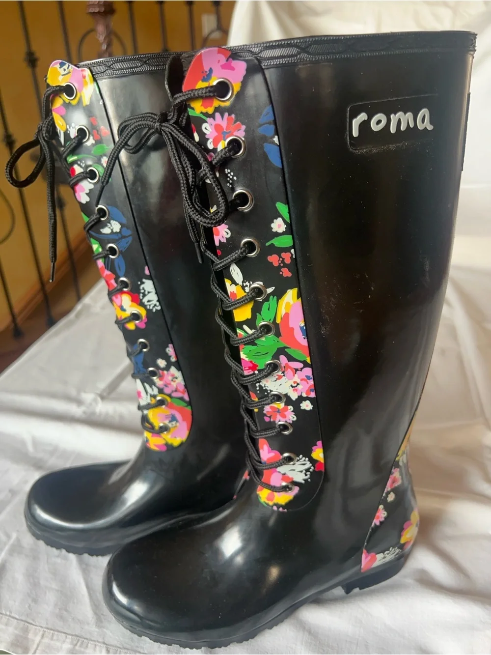 Roma Black Lace-Up Rain Boots with Bright Floral Panels